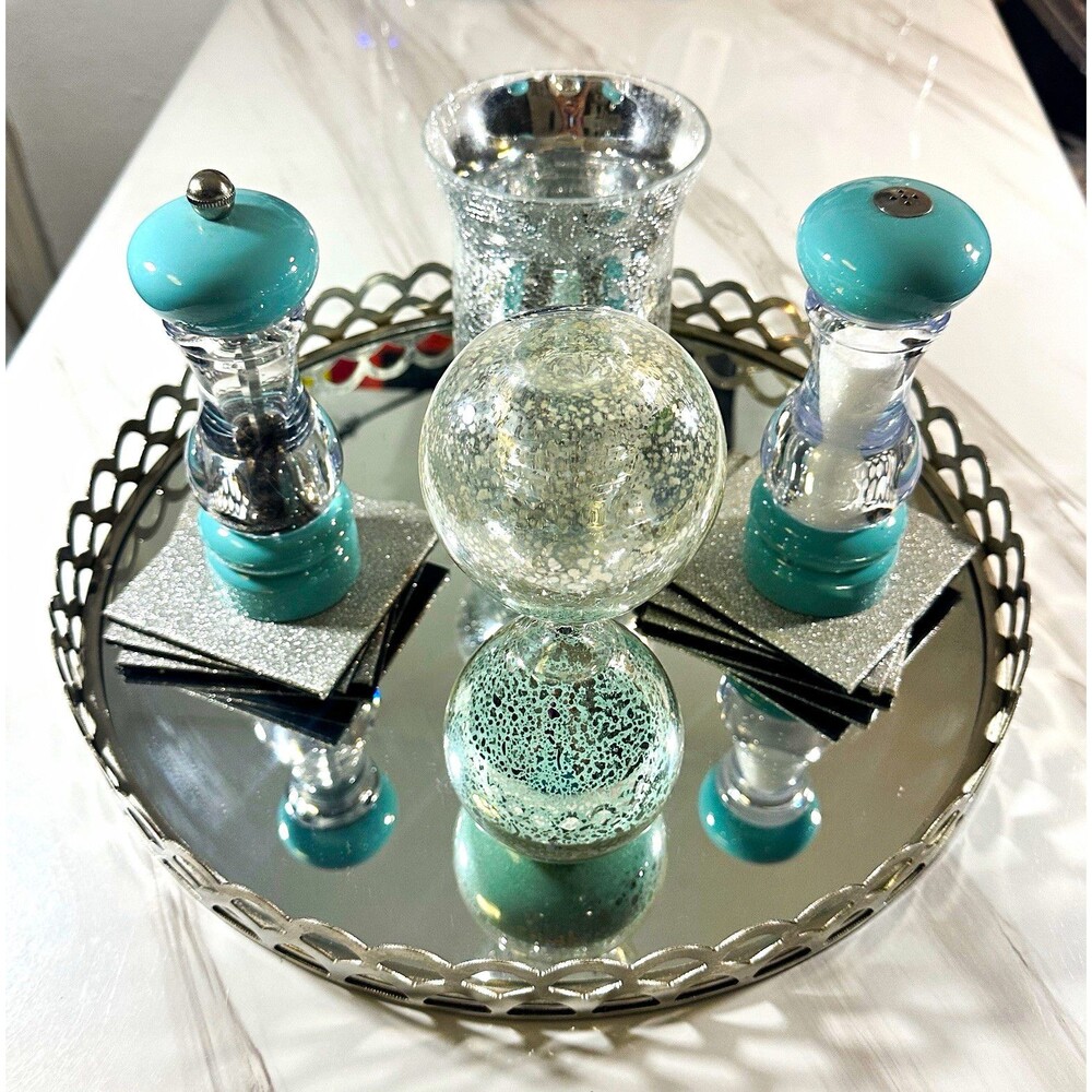 Round Silver Mirror Tray, Vase, Blue Salt & Pepper Shaker, Hour Glass, Coasters